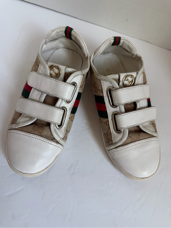 Gucci Shoes - Gucci White & Beige Signature Velcro Sneakers with Red-Green Stripe